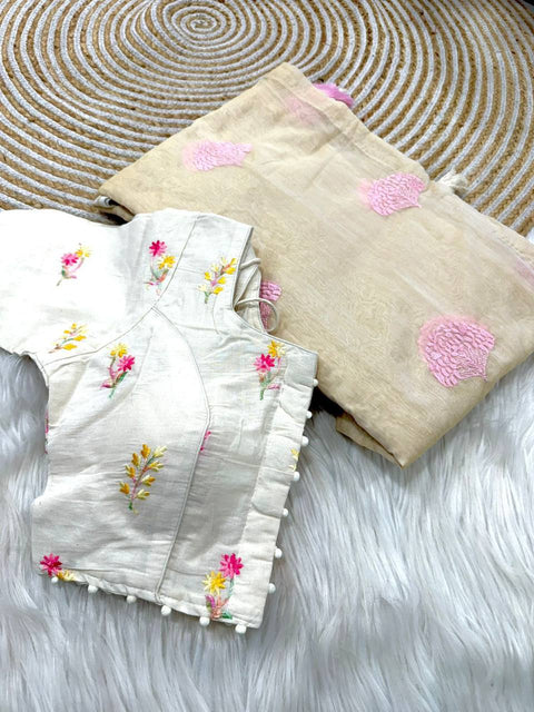 Premium soft handloom soft cotton with tassels with paired stiched blouses
