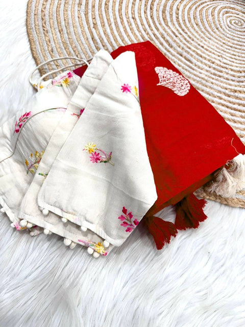 Premium soft handloom soft cotton with tassels with paired stiched blouses
