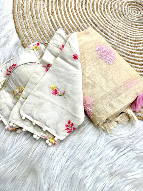Premium soft handloom soft cotton with tassels with paired stiched blouses