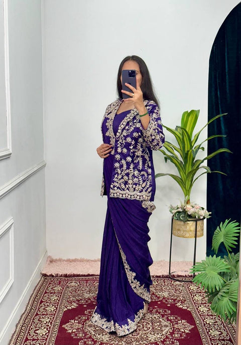 beautiful chinnon silk party wear ready to wear fully stitched saree