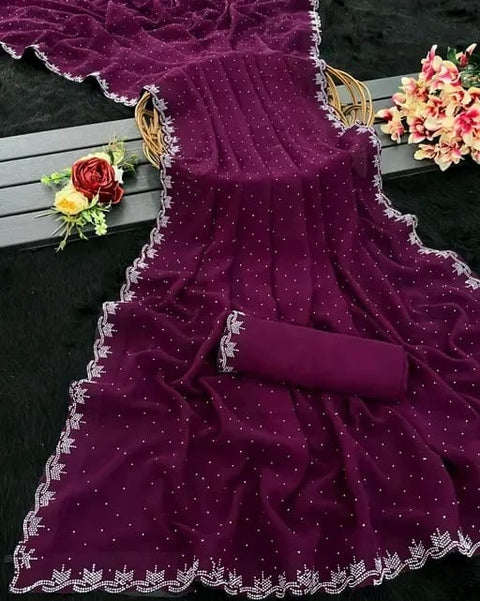 Fancy Mirror Lace Georgette Saree With Silver Blouse