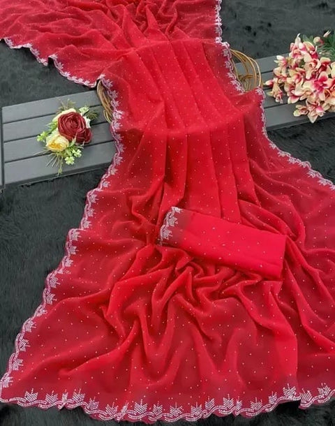 Fancy Mirror Lace Georgette Saree With Silver Blouse