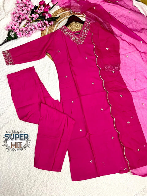 Embroidered Pink Chanderi Viscose Kurti Suit with Organza Dupatta