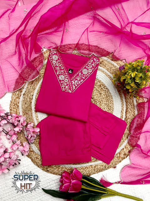 Embroidered Pink Chanderi Viscose Kurti Suit with Organza Dupatta