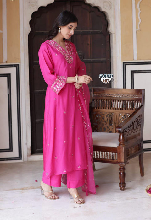 Embroidered Pink Chanderi Viscose Kurti Suit with Organza Dupatta