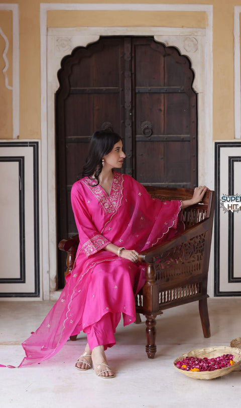 Embroidered Pink Chanderi Viscose Kurti Suit with Organza Dupatta