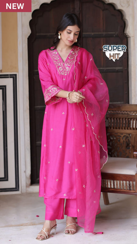 Embroidered Pink Chanderi Viscose Kurti Suit with Organza Dupatta