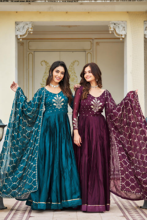 Embroidered Silk Ladies Party Wear Long Gowns