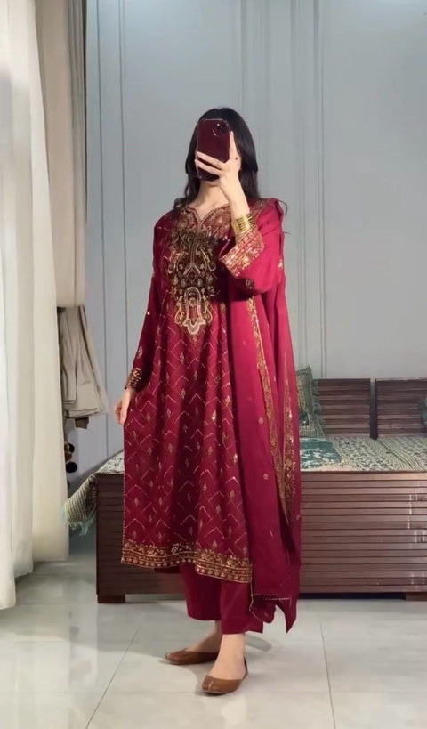 New Designer Collection in Pure Chinon Silk With Heavy Embroidery Work Stitched Suit