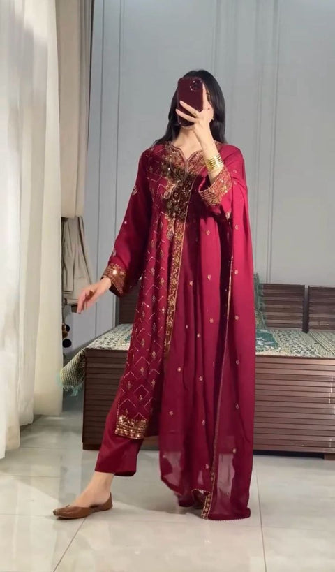 New Designer Collection in Pure Chinon Silk With Heavy Embroidery Work Stitched Suit