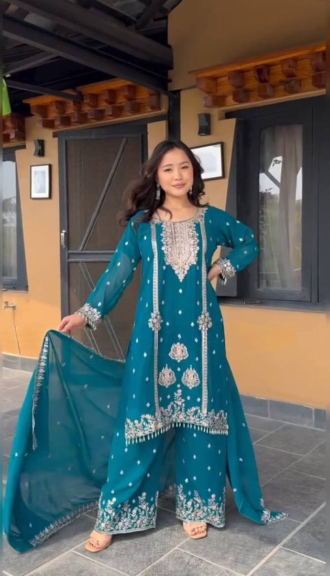 New Designer Party Wear Look Pure Chinnon Silk Stitched Suit