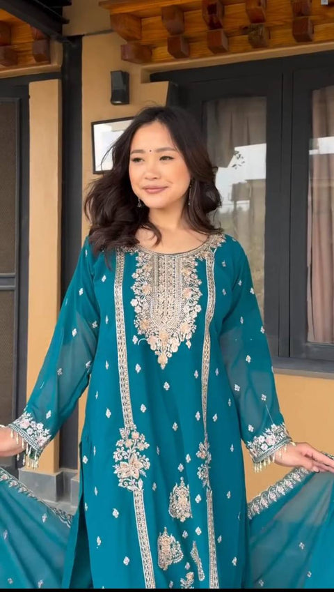 New Designer Party Wear Look Pure Chinnon Silk Stitched Suit
