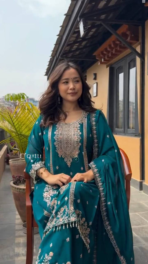 New Designer Party Wear Look Pure Chinnon Silk Stitched Suit