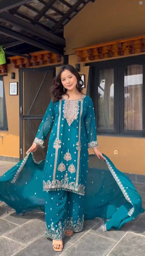 New Designer Party Wear Look Pure Chinnon Silk Stitched Suit