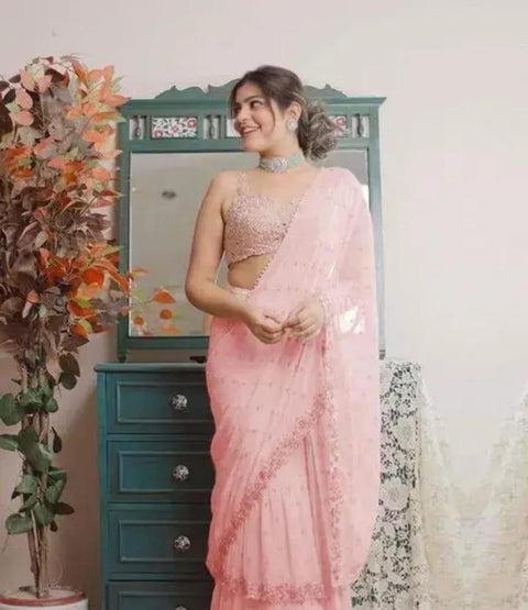 pure faux georgette saree with mirror stone work