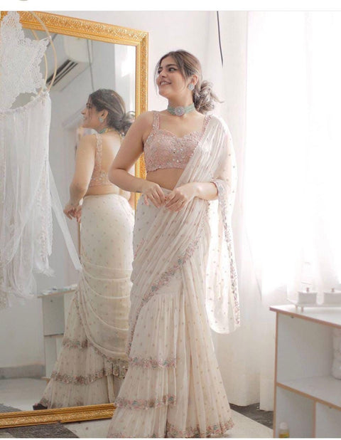 pure faux georgette saree with mirror stone work
