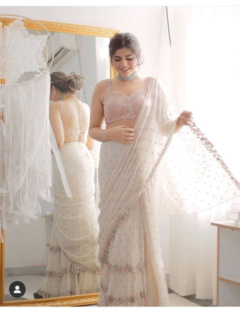 pure faux georgette saree with mirror stone work