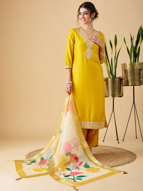 Exquisite Golden Work Embroidered Kurti-Pant Set with Orgenja Dupatta