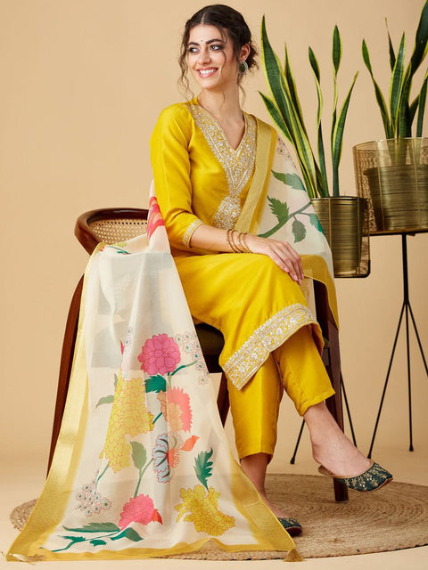 Exquisite Golden Work Embroidered Kurti-Pant Set with Orgenja Dupatta