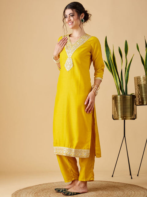 Exquisite Golden Work Embroidered Kurti-Pant Set with Orgenja Dupatta