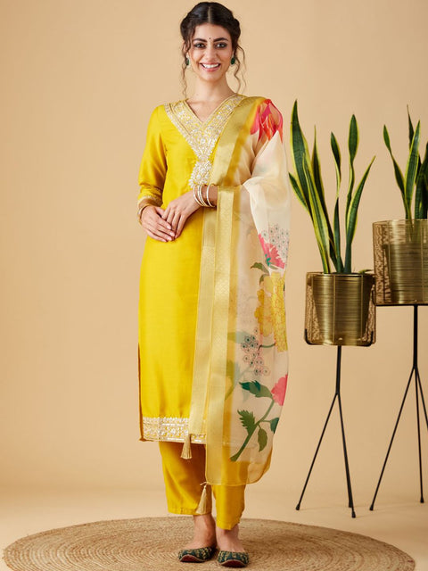 Exquisite Golden Work Embroidered Kurti-Pant Set with Orgenja Dupatta