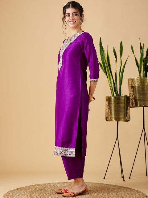 Exquisite Golden Work Embroidered Kurti-Pant Set with Orgenja Dupatta