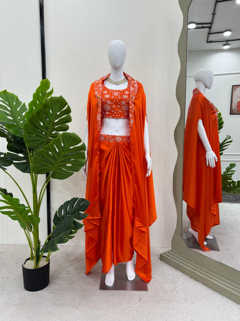 Orange Silk Pre-Draped Saree with Fancy Blouse