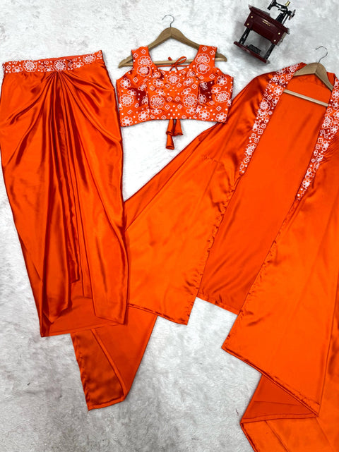 Orange Silk Pre-Draped Saree with Fancy Blouse