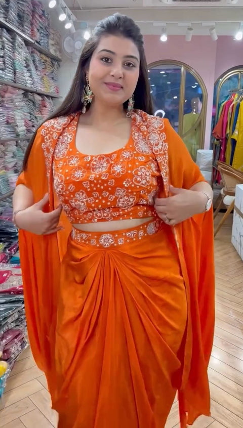 Orange Silk Pre-Draped Saree with Fancy Blouse