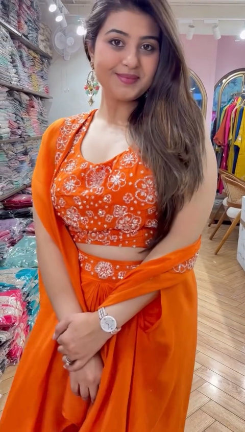 Orange Silk Pre-Draped Saree with Fancy Blouse