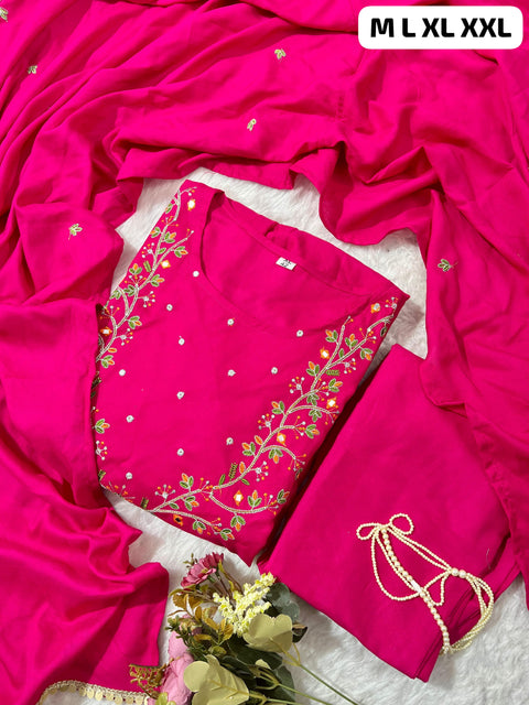 Pure Cotton Embroidered Kurti Pant with Full Malmal Dupatta