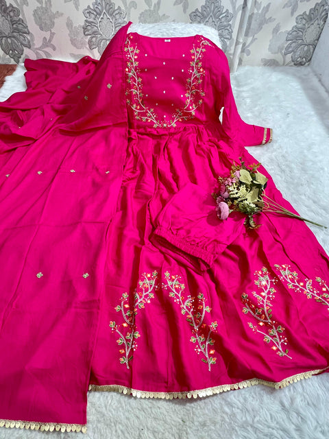 Pure Cotton Embroidered Kurti Pant with Full Malmal Dupatta