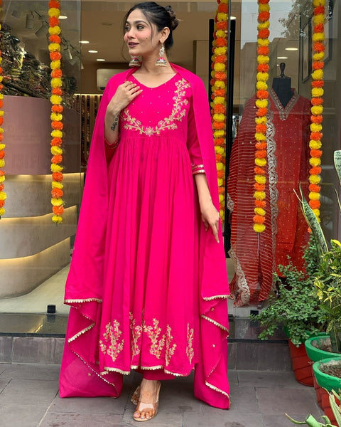 Pure Cotton Embroidered Kurti Pant with Full Malmal Dupatta