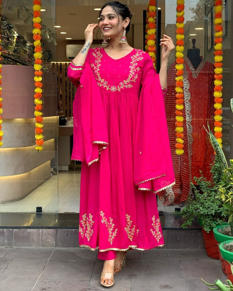 Pure Cotton Embroidered Kurti Pant with Full Malmal Dupatta