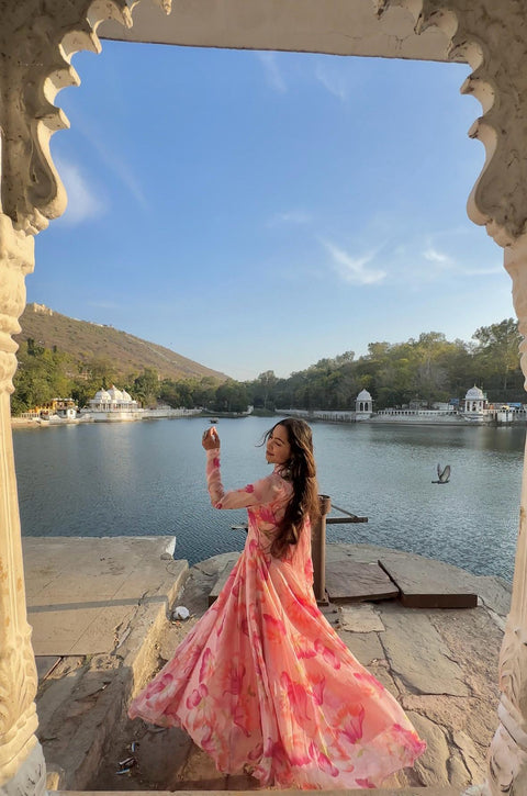 Pure fox georgette multi floral print fabric fully flair anarkali,with dupatta