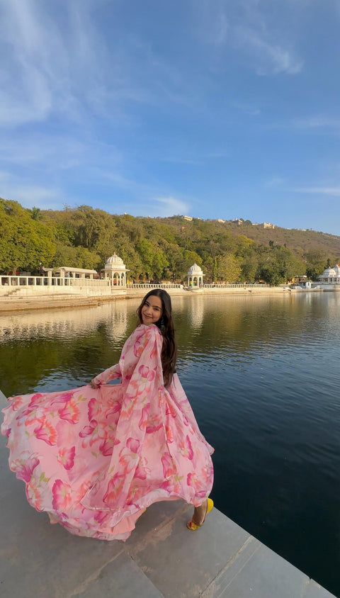 Pure fox georgette multi floral print fabric fully flair anarkali,with dupatta