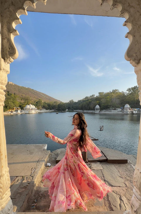 Pure fox georgette multi floral print fabric fully flair anarkali,with dupatta