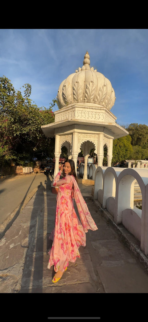 Pure fox georgette multi floral print fabric fully flair anarkali,with dupatta
