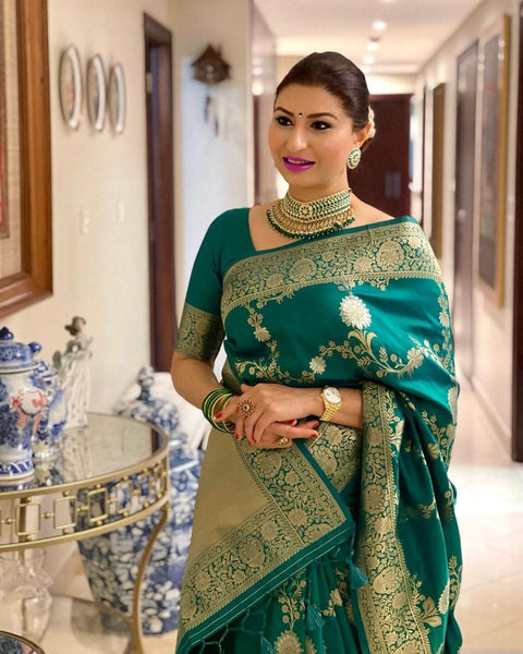 Anjaneya Sarees Self Design Banarasi Silk Blend Green Sarees
