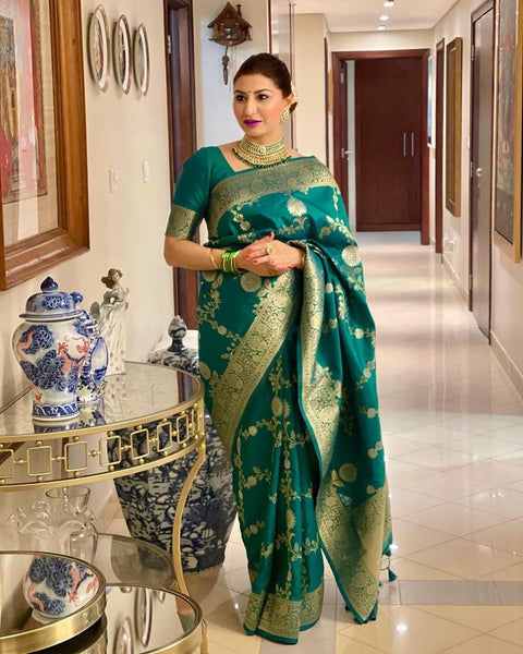 Anjaneya Sarees Self Design Banarasi Silk Blend Green Sarees
