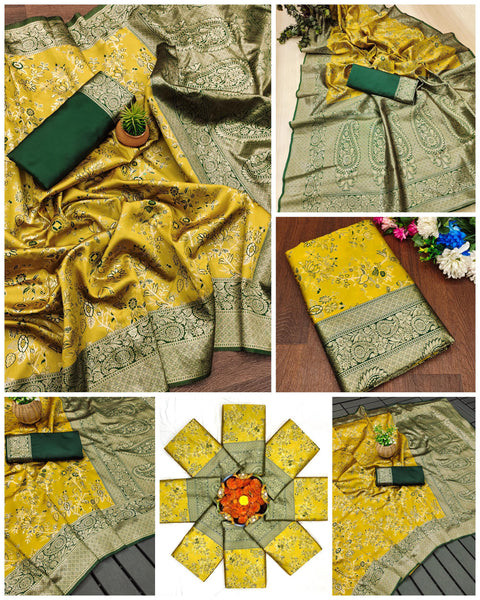 Pure Bright Colour Gold Toned Beautiful Trendy Banarasi Silk Woven Designer