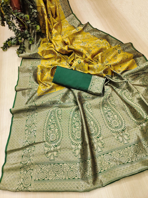 Pure Bright Colour Gold Toned Beautiful Trendy Banarasi Silk Woven Designer