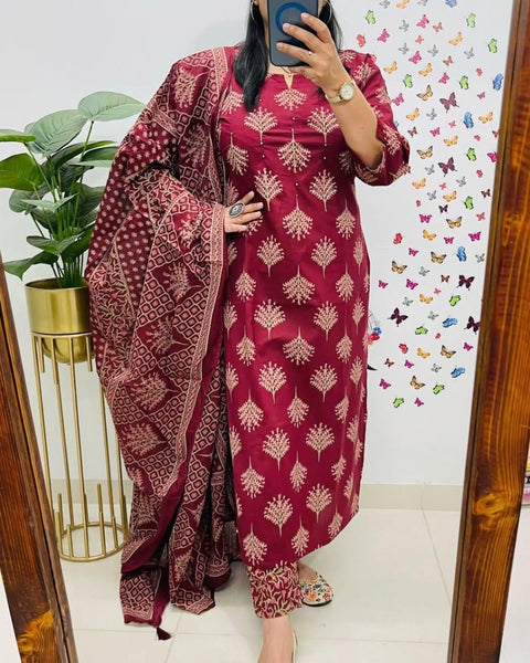 Printed Silk Blend Straight Suit With Dupatta