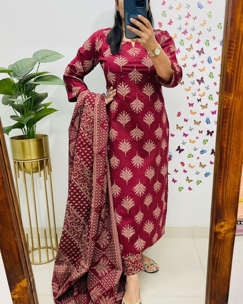 Printed Silk Blend Straight Suit With Dupatta