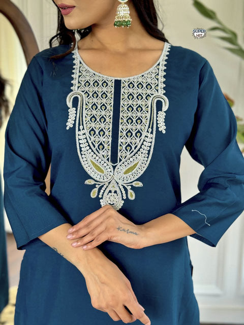 Floral Embroidered Yoke Design Thread Work Kurti With Trousers & Dupatta