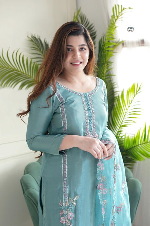 Fancy women embroidered chiffon kurti pant with dupatta..