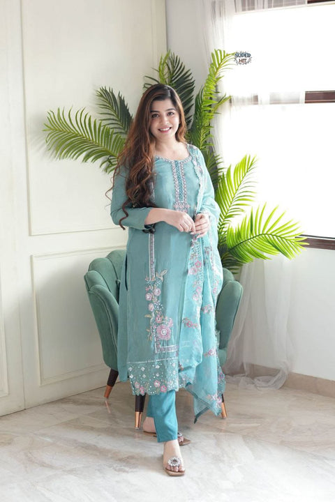 Fancy women embroidered chiffon kurti pant with dupatta..