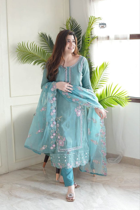 Fancy women embroidered chiffon kurti pant with dupatta..