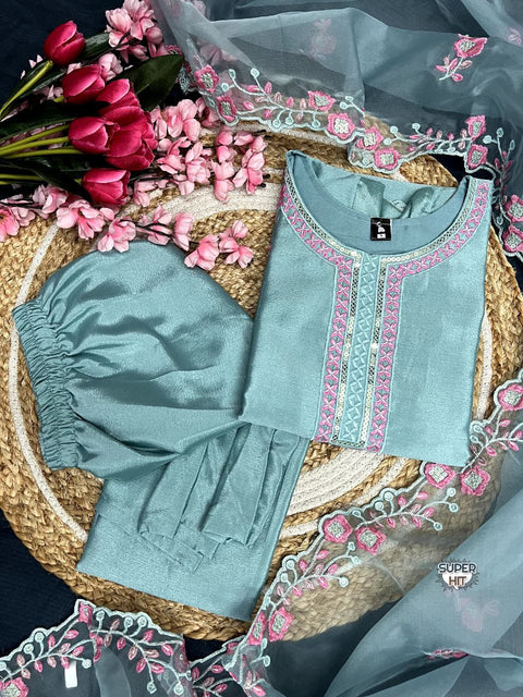 Fancy women embroidered chiffon kurti pant with dupatta..