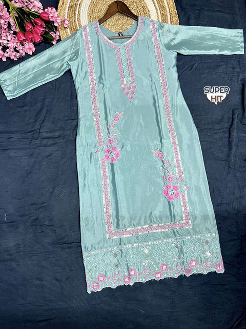 Fancy women embroidered chiffon kurti pant with dupatta..